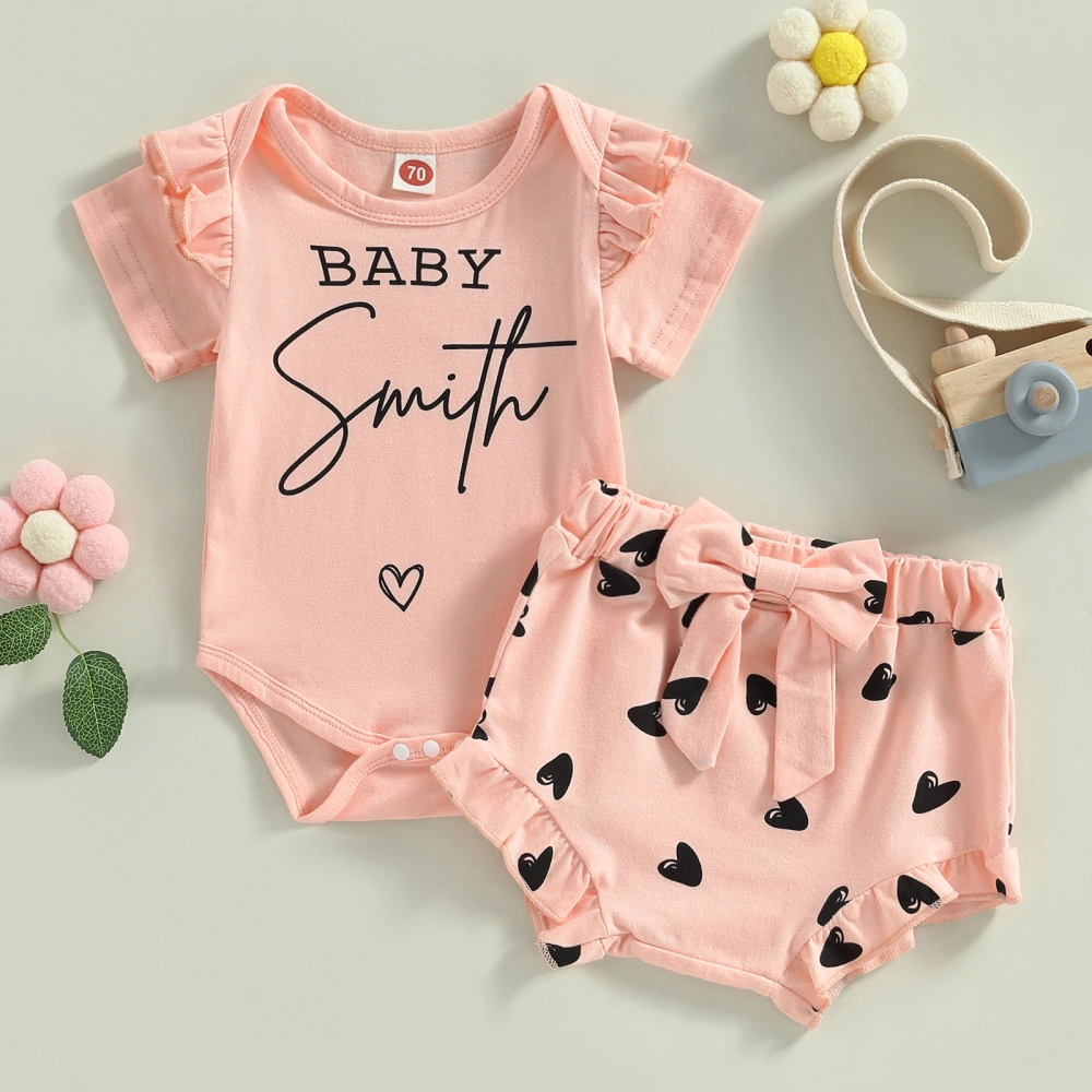 Girls Round Neck Romper Tops + Heart Print Short Trousers Suit