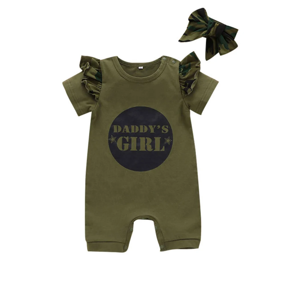 Letter Print Round Neck Short Sleeve Baby Romper+ Hat/ Headwear