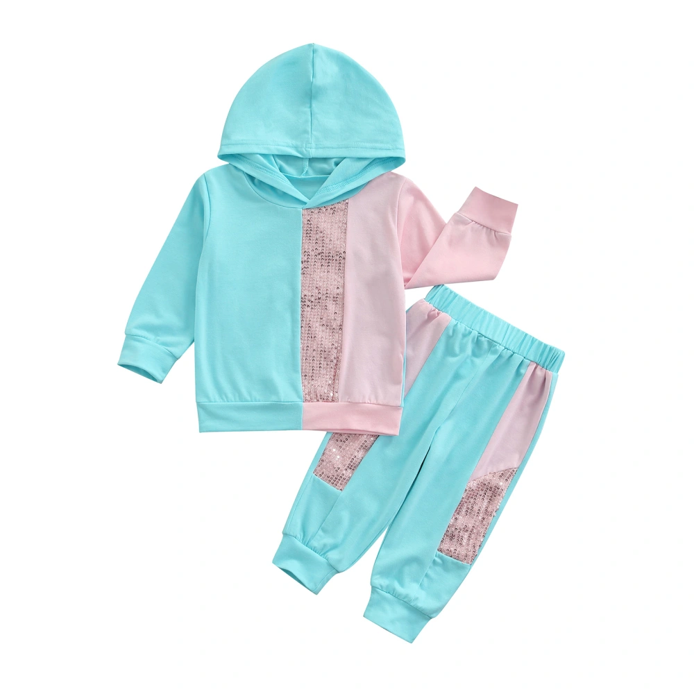 Girls Tracksuit, Splicing Color Sequined Hooded Tops + Casual Pants