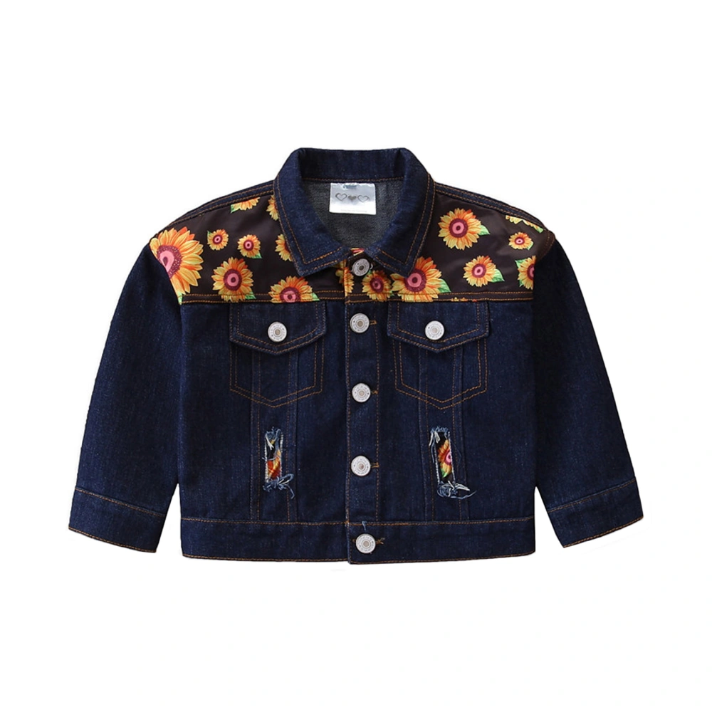 Little Girl’s Sunflower Printing Stitching Long Sleeve Denim Coat