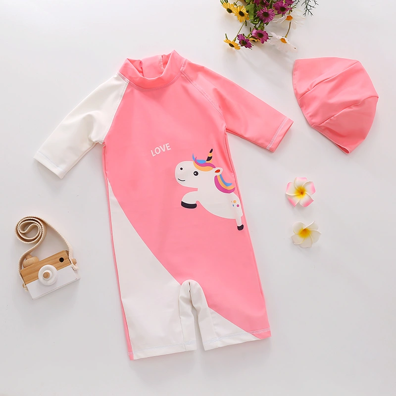 Girl Swimsuit Set Cute Cartoon Animal Print Back Zipper Playsuit + Cap