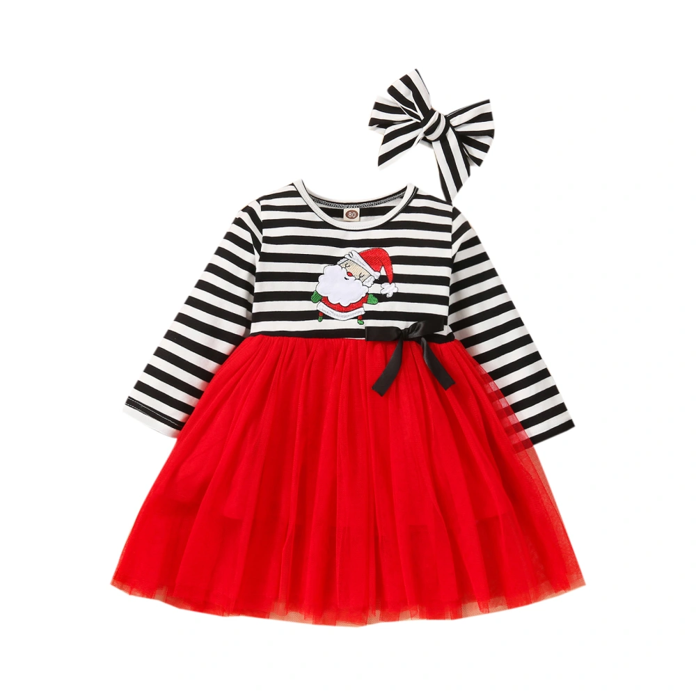 Striped Santa Claus Embroidery O-Neck Long Sleeve Dress with Headband