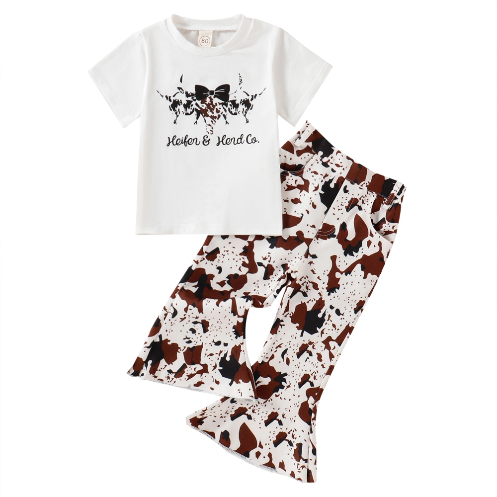 Kid Girls Pants Set, Short Sleeve Cow Letters T-shirt + Flare Pants