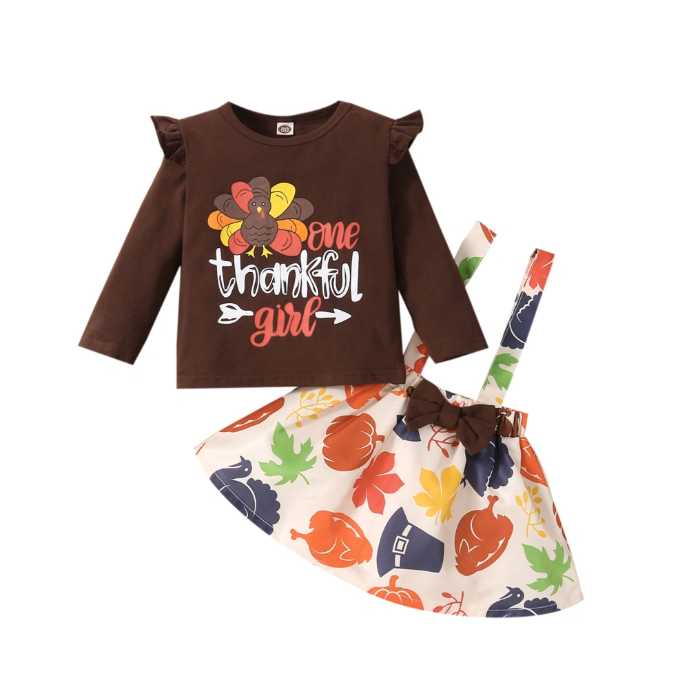 Girl’s Thanksgiving Print Long Sleeve Tops and Suspender Skirt Set