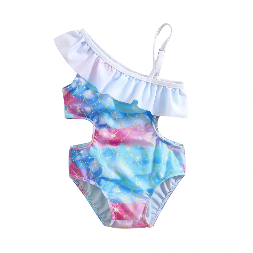 Girl Fish Scale Printed Sleeveless Ruffle Waist Hollowed Out Swimsuit