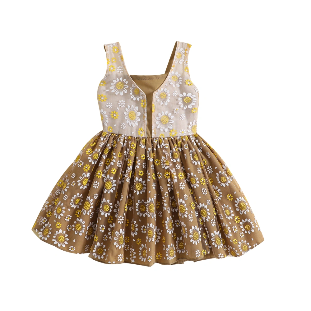 Girl’s Dress, Sleeveless Flower Print Pleated Patchwork A-line Dress