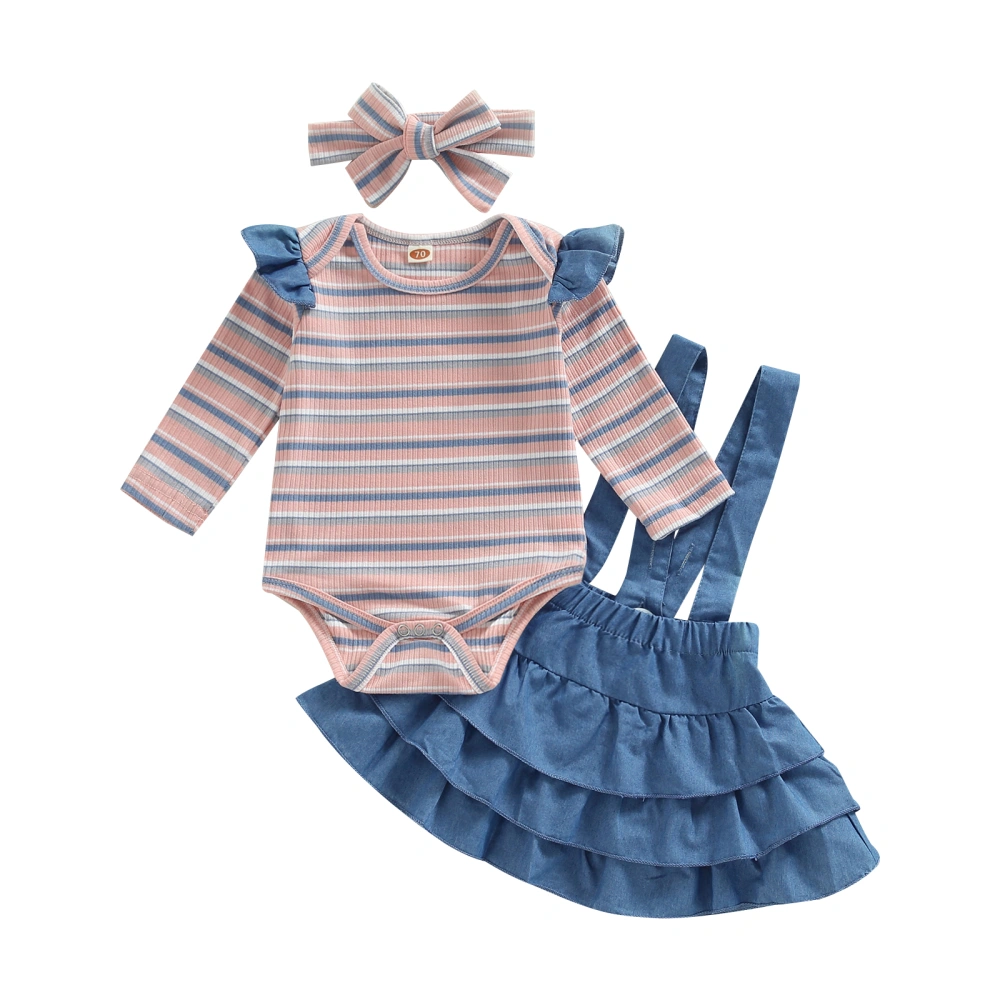 Baby Girls Fall Outfits, Striped Romper+Suspender Skirt+Headband Set