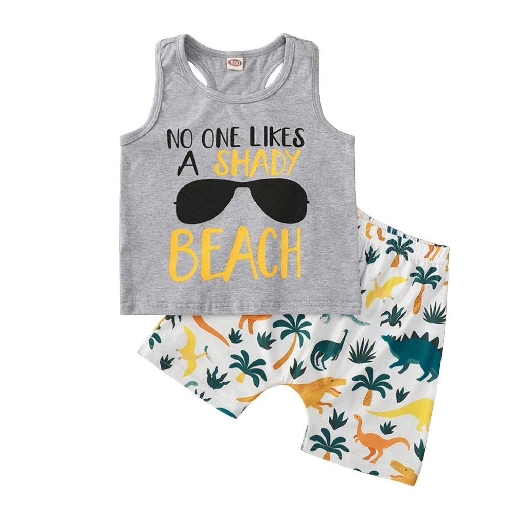 Little Boys Outfit, Toddlers Round Collar Letter Vest, Printing Shorts