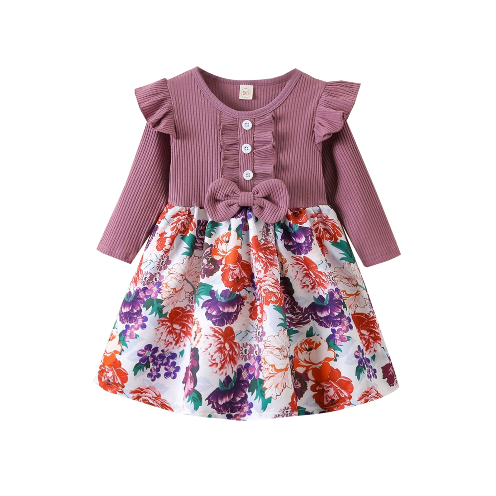 Toddler Girls Fall Dress, Ribbed Floral Stitching Long Sleeve Skirt