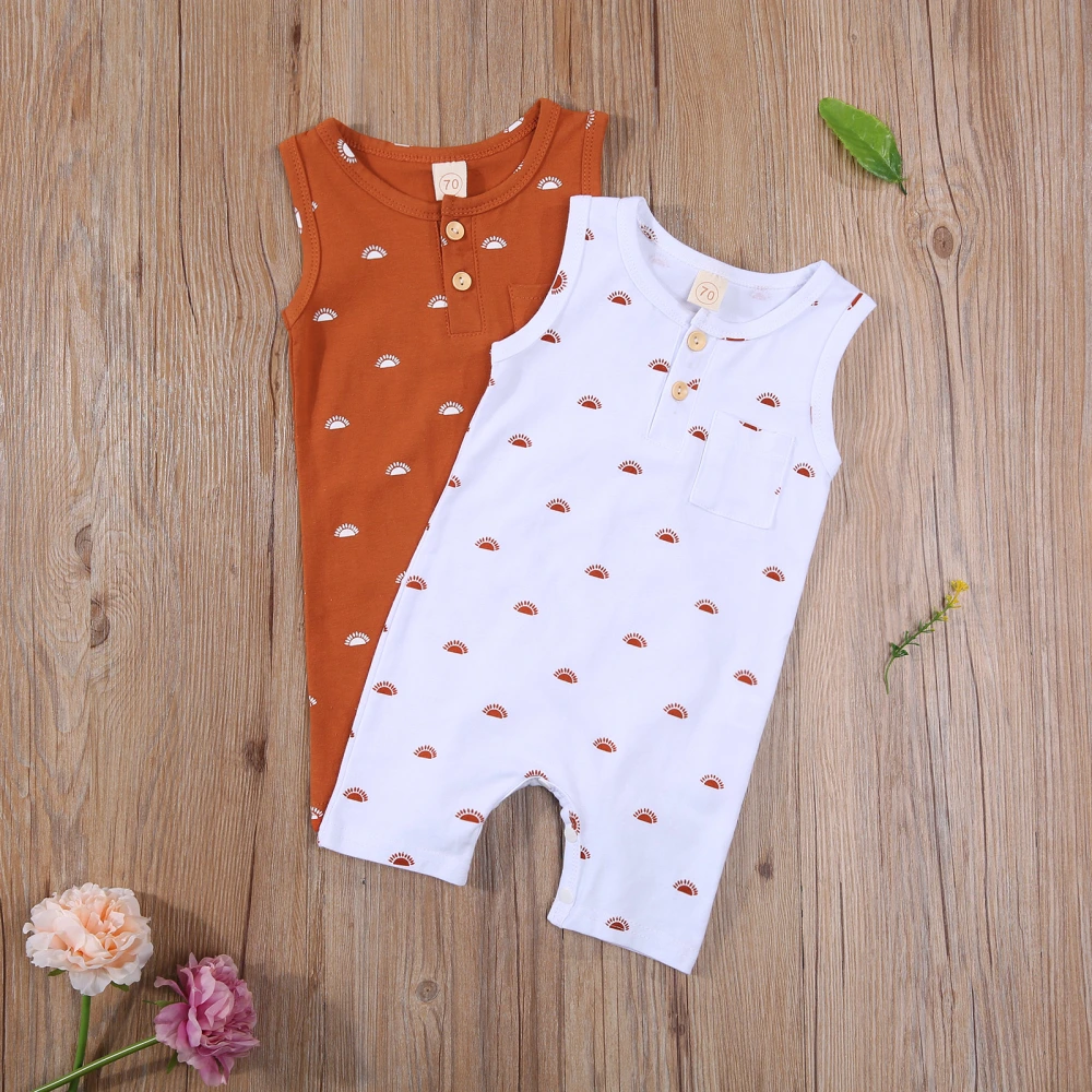 Baby Sleeveless Sun Print Round Neck Button Romper with Pocket