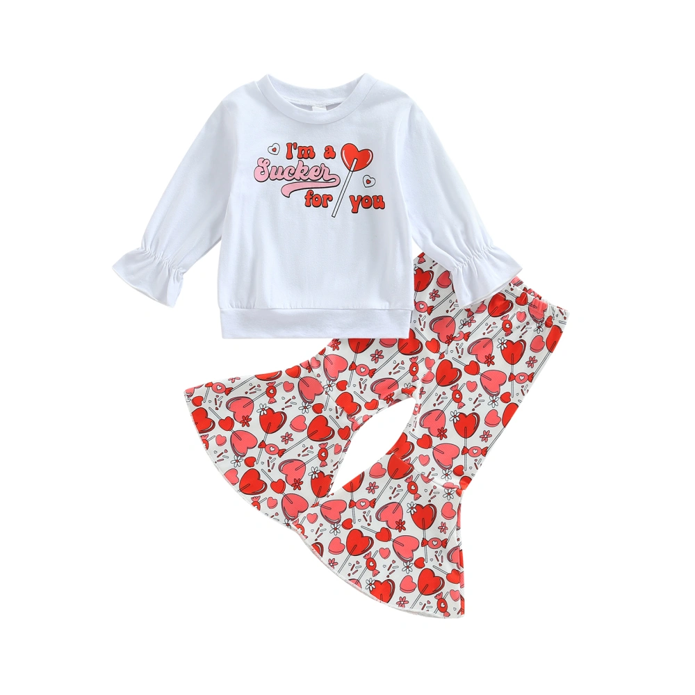 Girls White Long Sleeve Letter Print Tops + Heart Print Flared Pants