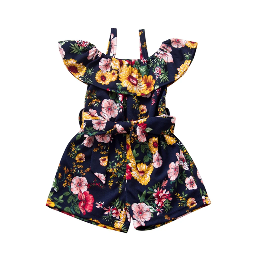 Girl's One-Piece Suit, Flower Print Off Shoulder Ruffle Sling Playsuit