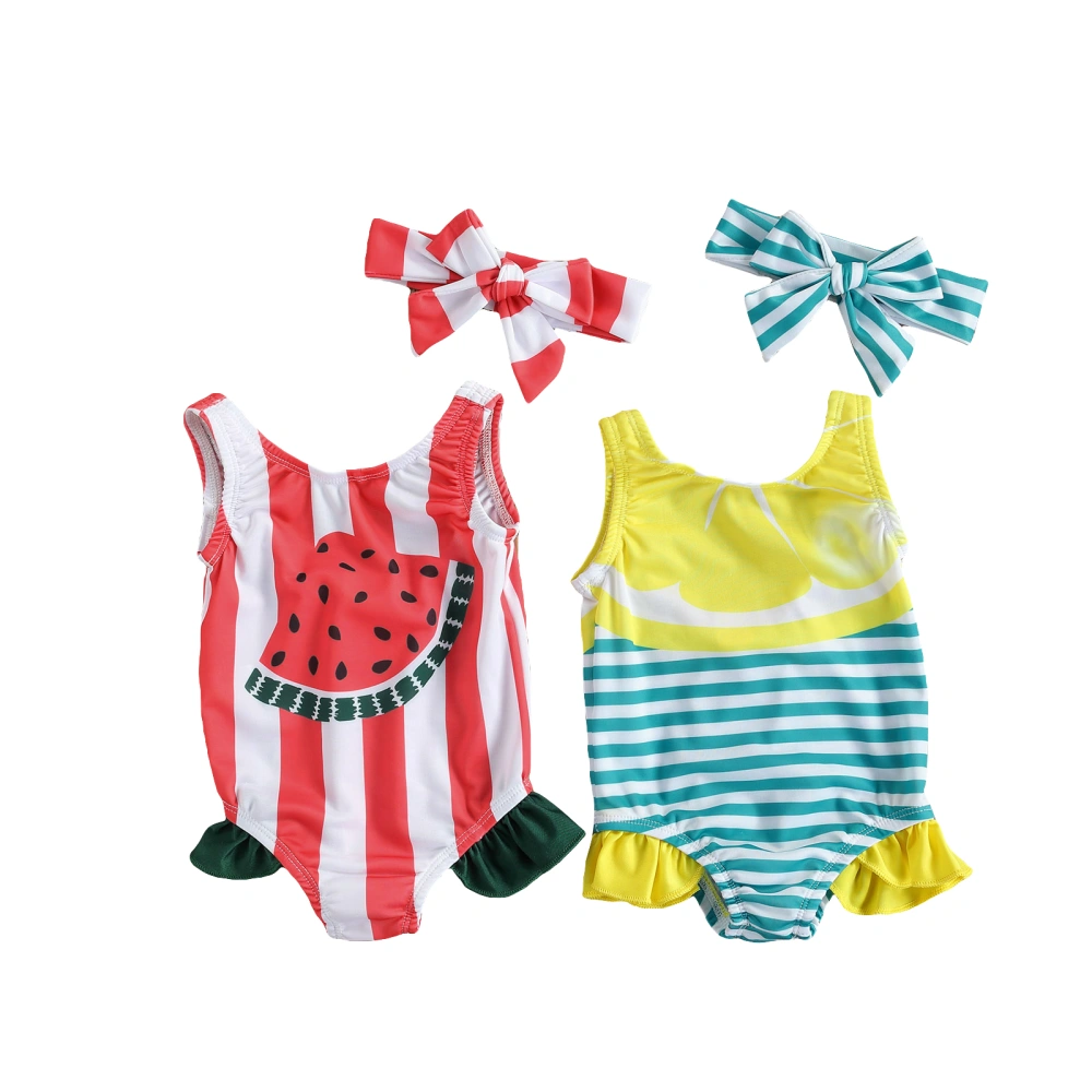 Sleeveless U-shaped Neck Ruffle One-piece Swimwear + Bowknot Headband