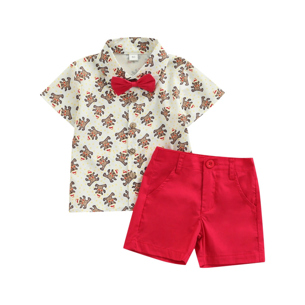 Boys Christmas Outfits Cartoon Bear Print Shirt with Bowtie Short Pant