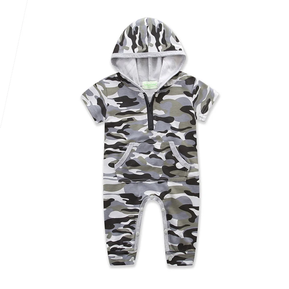 Baby Camouflage Hooded Romper, Short Sleeve Jumpsuit with Front Pocket