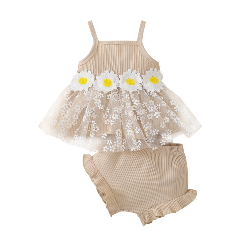 Toddler Girls Summer Outfits, Daisy Cami Tops + Ruffle Shorts Set