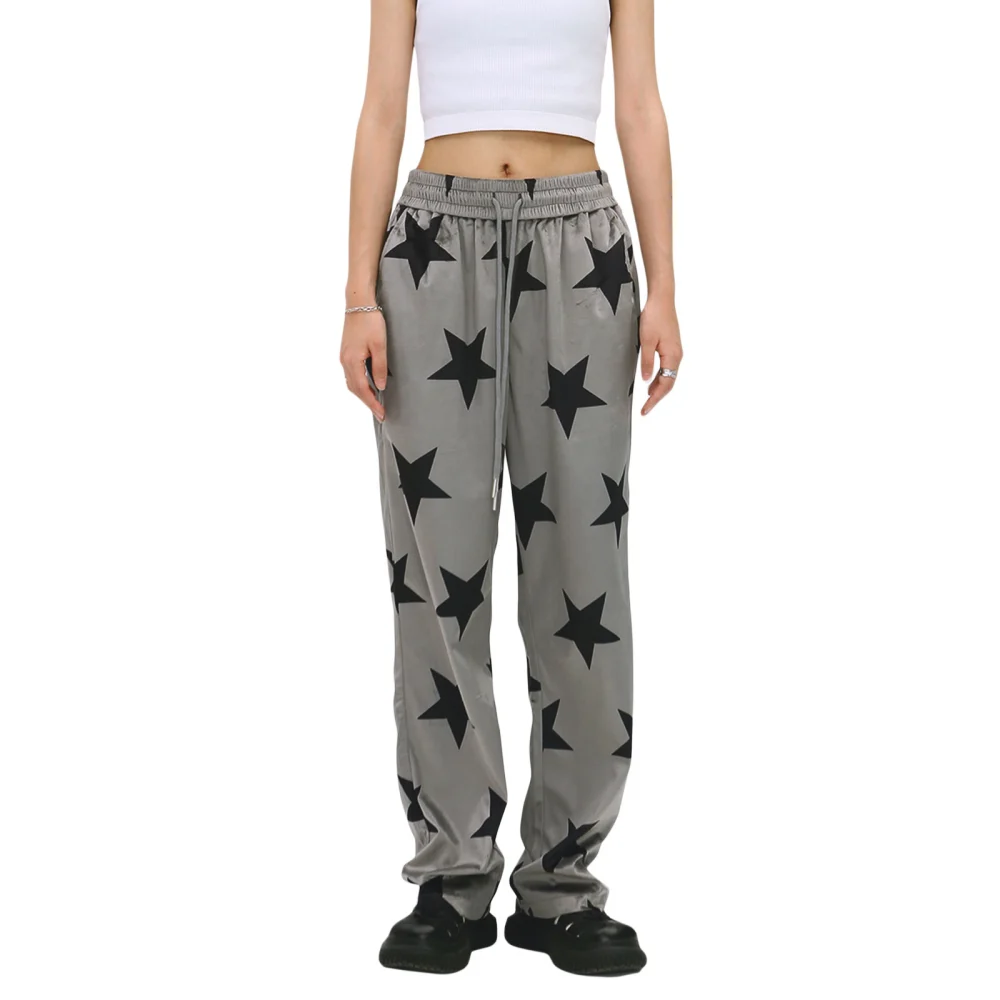 Women Casual Straight Trousers Stars Print Elastic Waist Long Pants