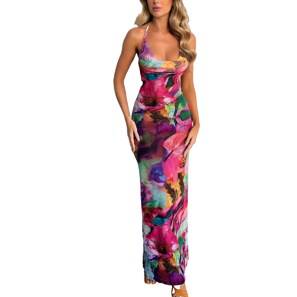 Women's Long Cami Dress Tie-Dye Printing Cowl-Neck Long Dress