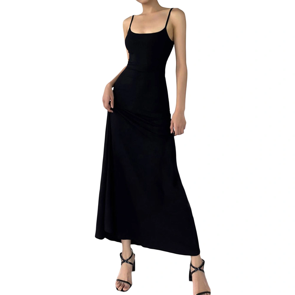 Women Slip Dress, Spaghetti Straps Hollowed Solid Long Swing Dress