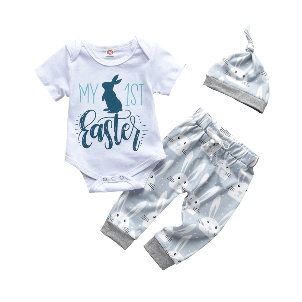 Baby's Three-piece Suit, Cartoon Bunny Print Romper + Pants + Hat