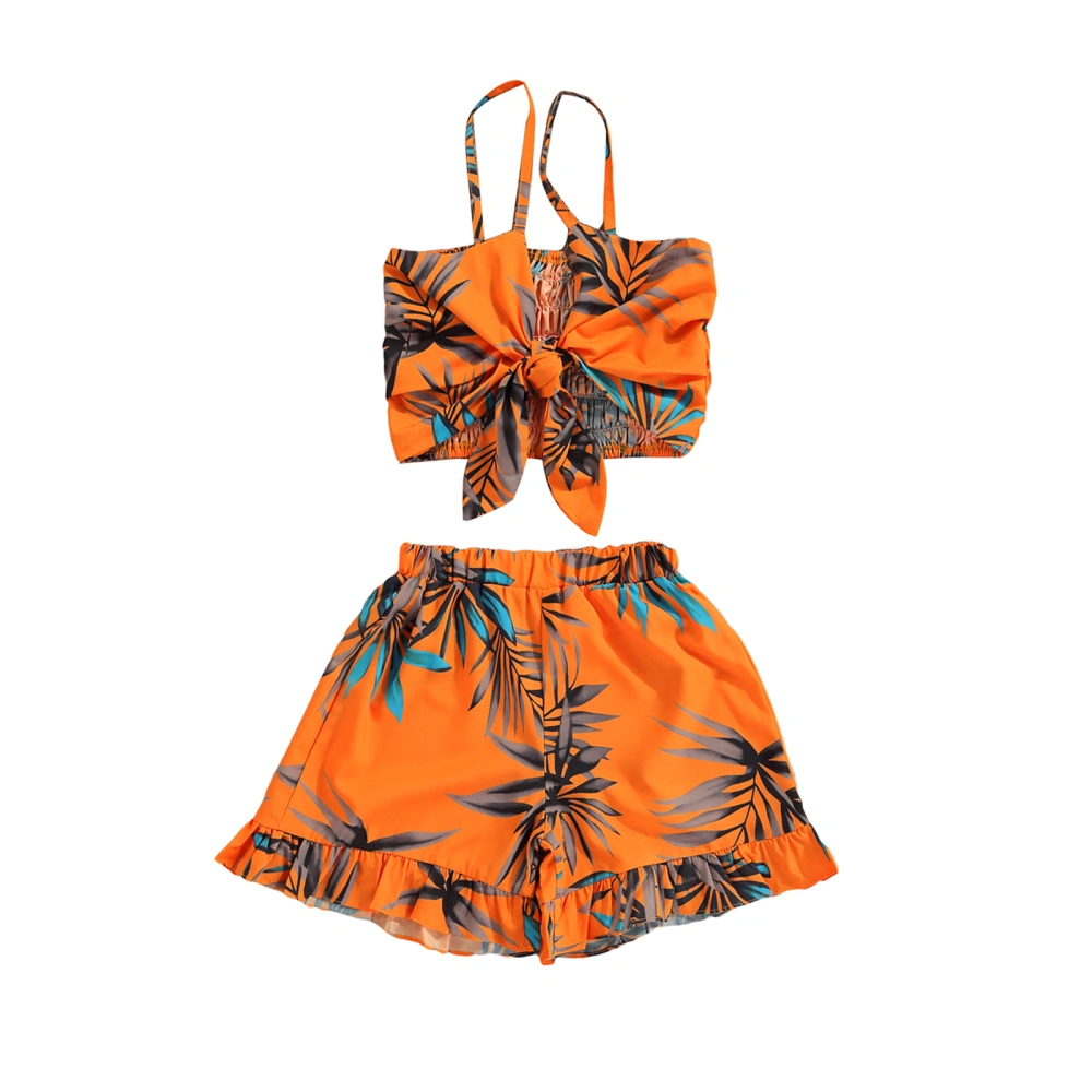 Girl Bowknot Sling Tops Leaf Printed Beach Vest Loose Summer Shorts