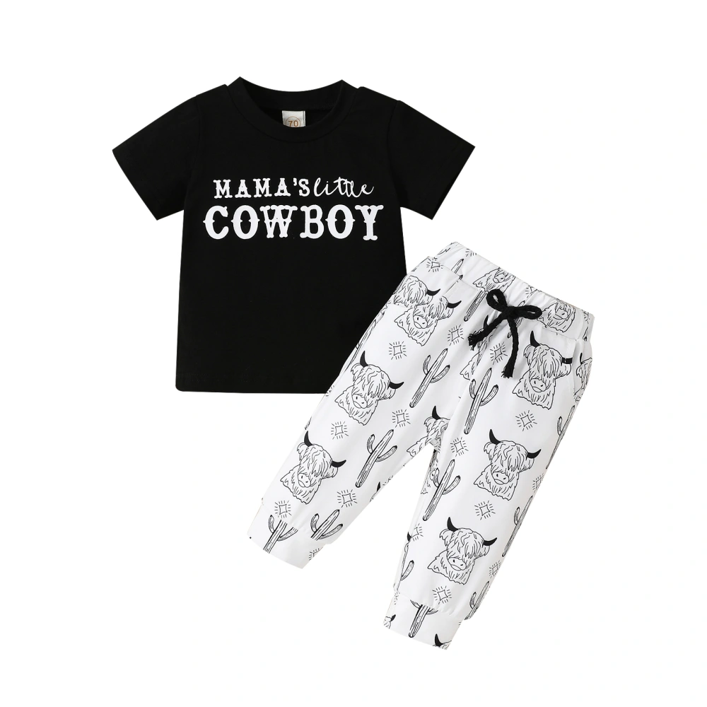 Boys Black Short Sleeve Letter Print Tops + Cattle Head Print Pants