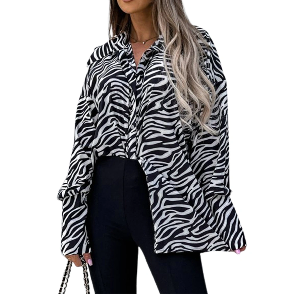 Zebra-Stripe/ Leopard Print Lapel Long Sleeve Loose Button-Down Shirt