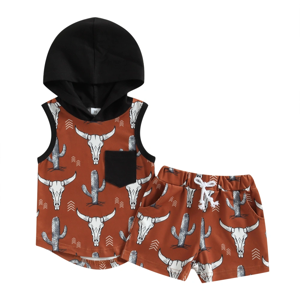 Baby Boys Shorts Set Bull Head Print Hooded Vest Elastic Waist Shorts