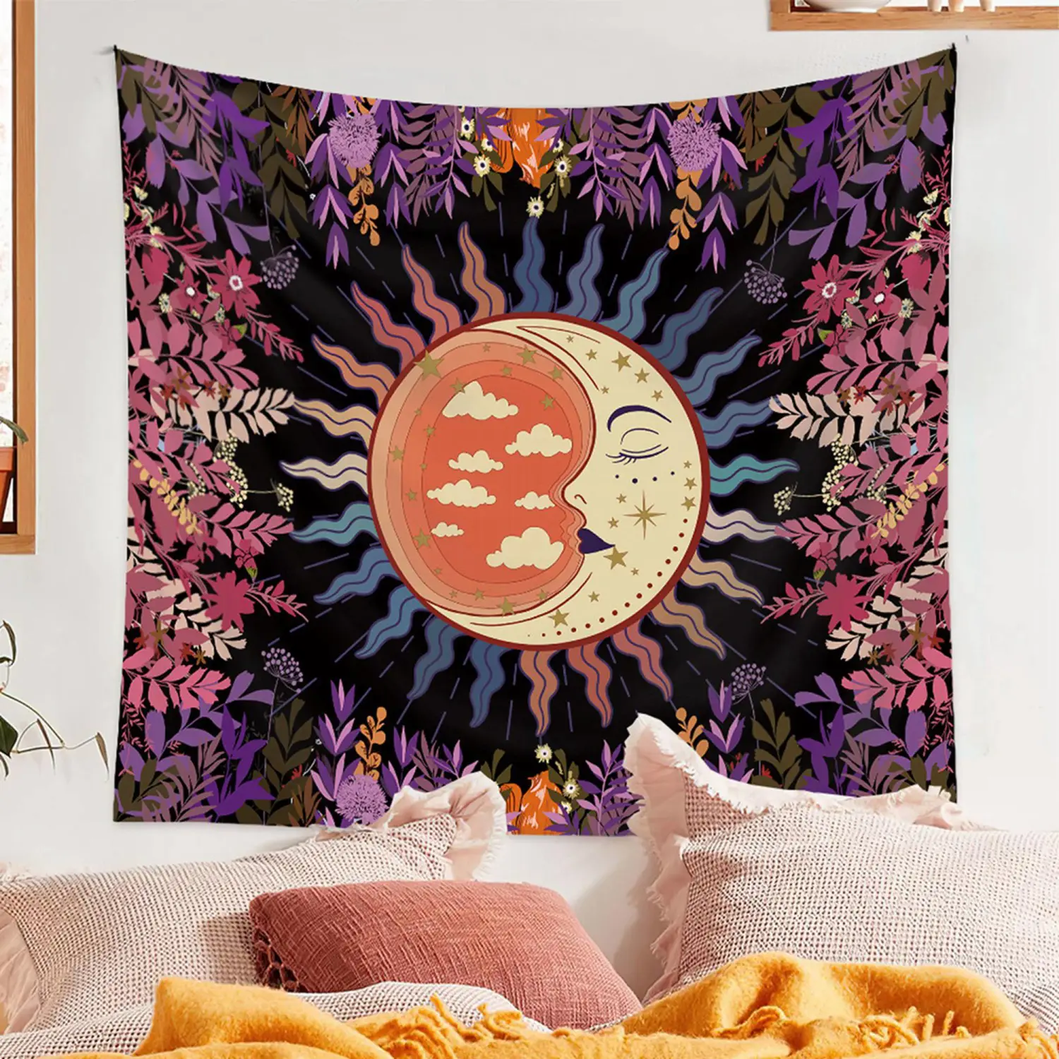 Psychedelic Tapestry, Sun Moon Flower Mushroom Forest Tapestry