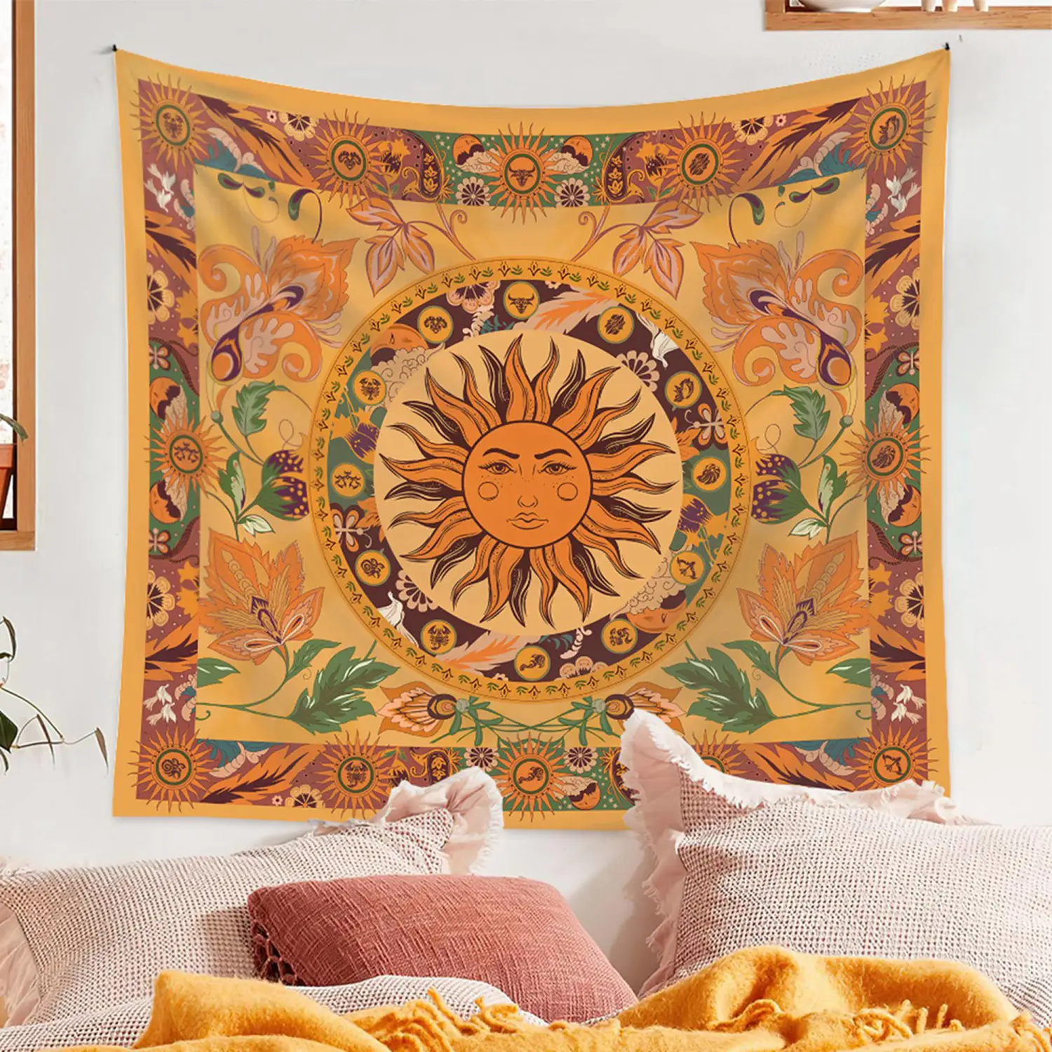 Psychedelic Tapestry, Sun Moon Flower Mushroom Forest Tapestry