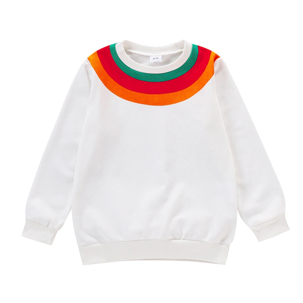 Girls Sweatshirt, White Rainbow Printed Pattern Round Collar Pullover