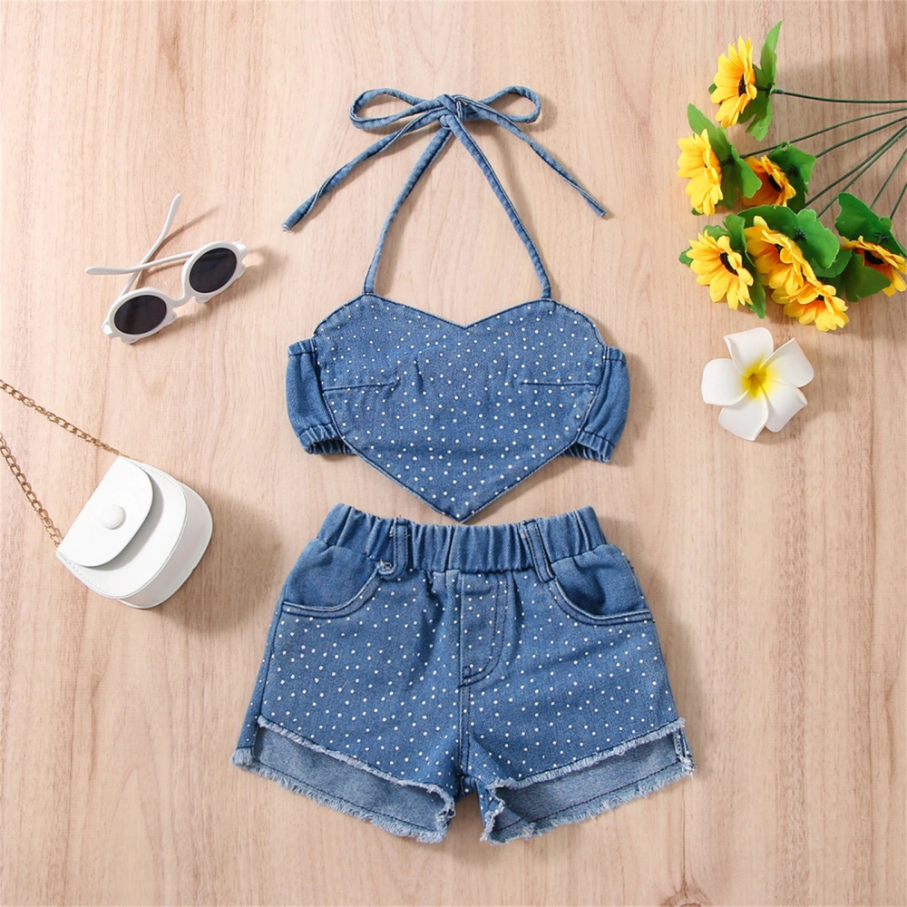 Toddler Girl Dot Print Heart Denim Camisole + Ripped Jeans Shorts