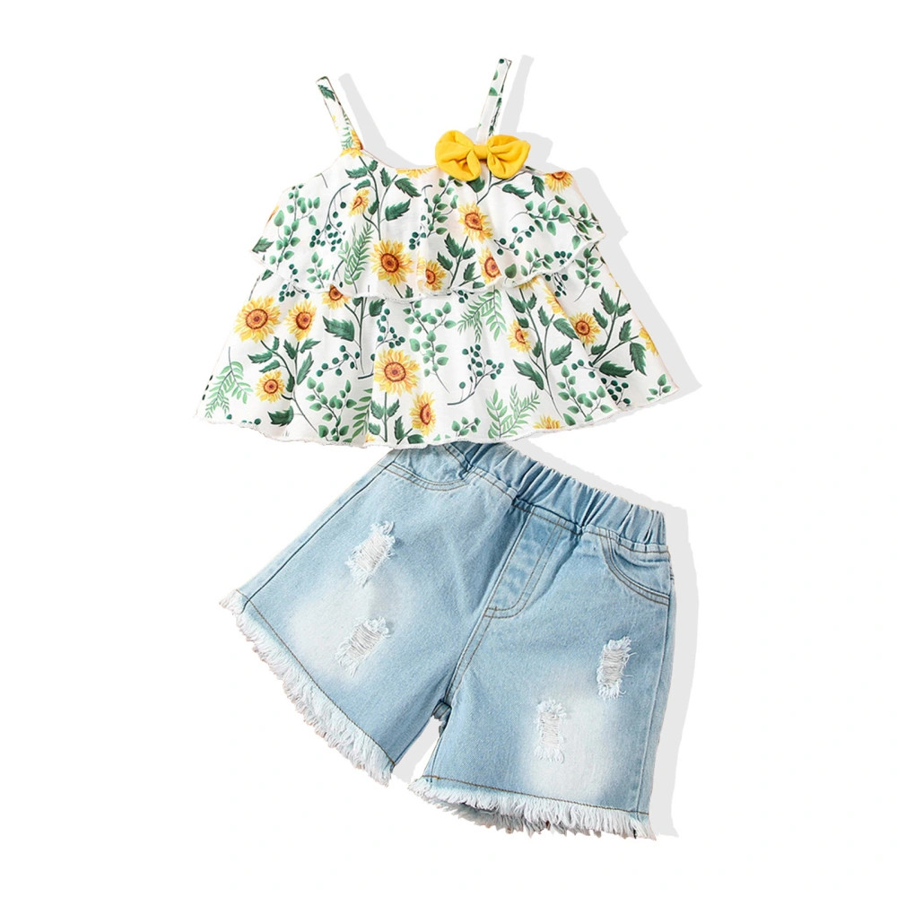 Girl Floral Vest Sling Shirt + Ripped Denim Short Pants Suit 