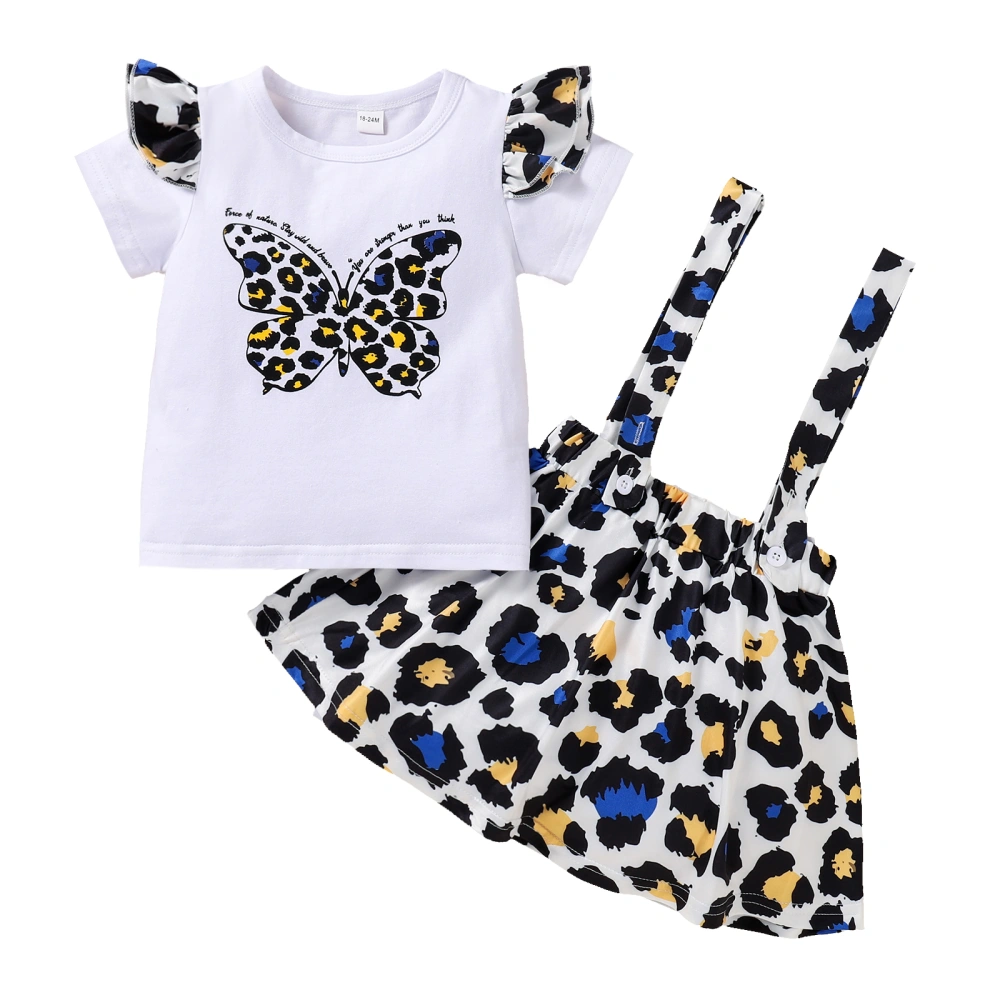 Girls Sling Skirt Set Butterfly Print Tops + Leopard Suspender Skirt 