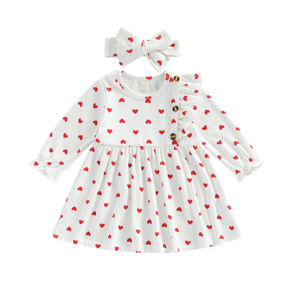 Valentine's Day Toddler Girls Dress Heart Print Dress with Headband