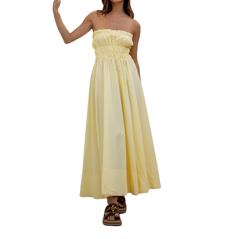 Women's Strapless Long Dress Solid Color Ruched Flowy Beach Dress