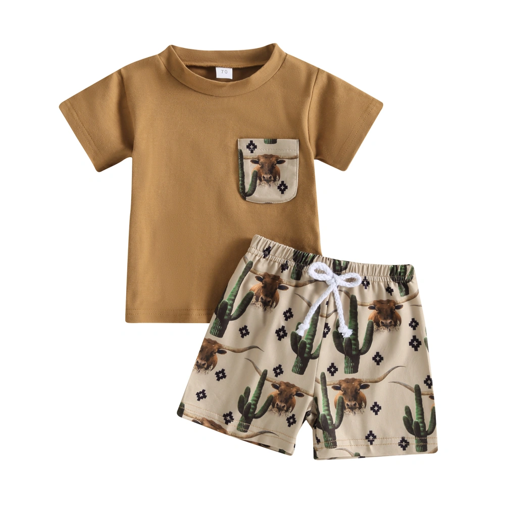 Boys Short Sleeve O Neck Tops + Cattle Head Print Drawstring Shorts