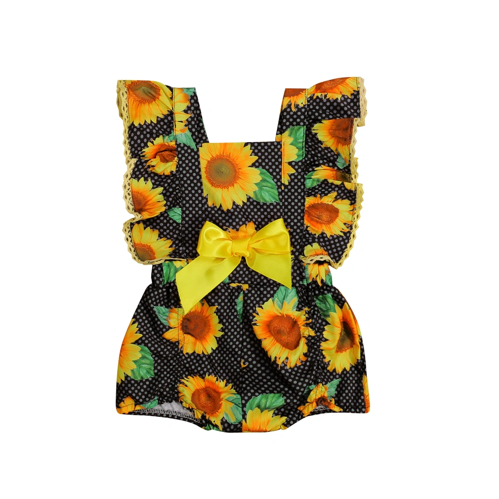 Baby Girl’s Sunflower Printed Cross Strap Backless Fly Sleeve Romper