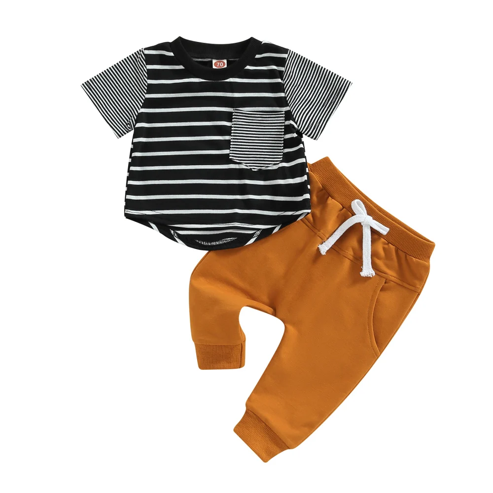 Baby Clothes Suits Stripe Patchwork Pocket Tops Long Pants 2Pcs Set