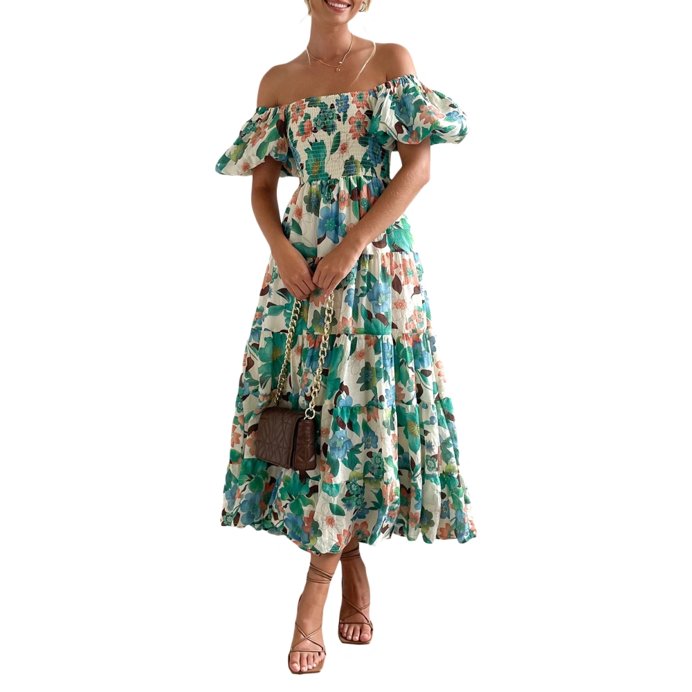 Women Long Dress, Short Sleeve Off-shoulder Flower Print Swing Dress