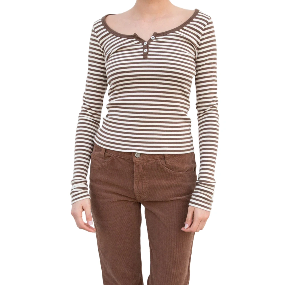 Female Striped Long Sleeve Close-Fitting Pullover Blouse with Buttons