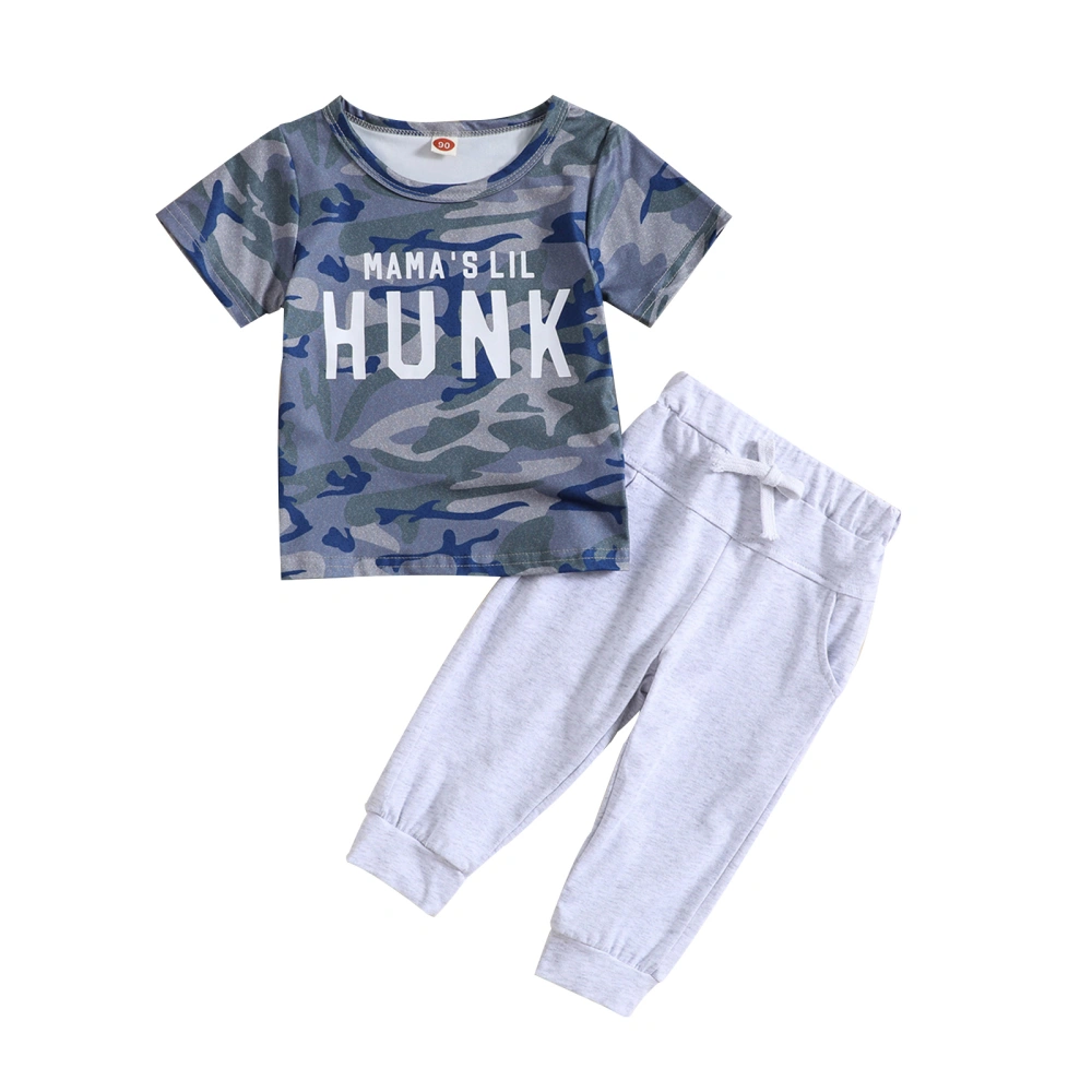 Boys Pants Set, Short Sleeve Camouflage Letters Print T-shirt + Pants