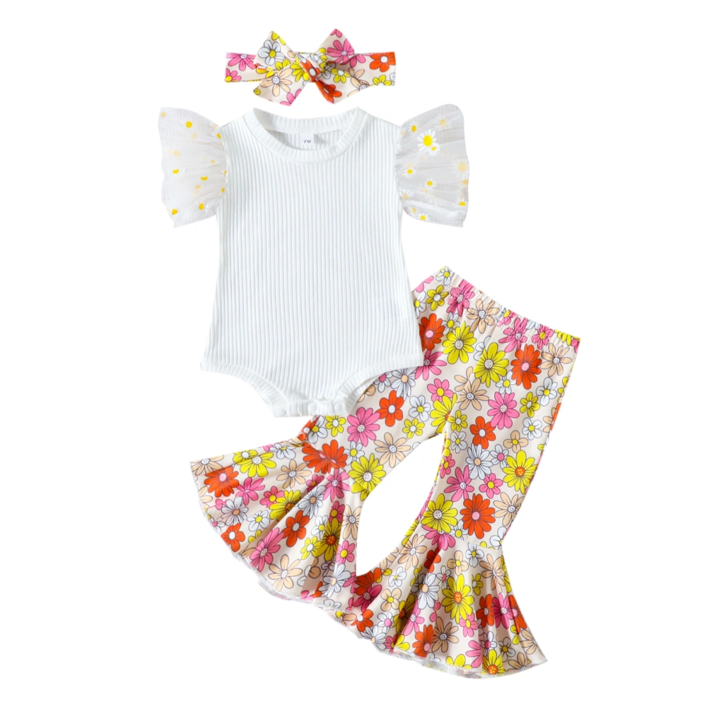 Baby Girls White Mesh Sleeve Romper + Floral Flared Pants + Headband