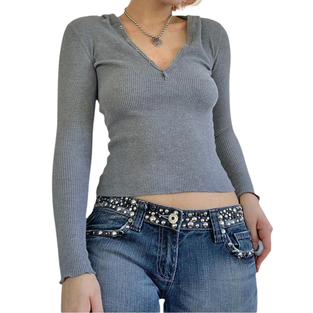 Women's Long Sleeve Cropped Tops, Solid V-Neck Hood Slim T-Shirts 