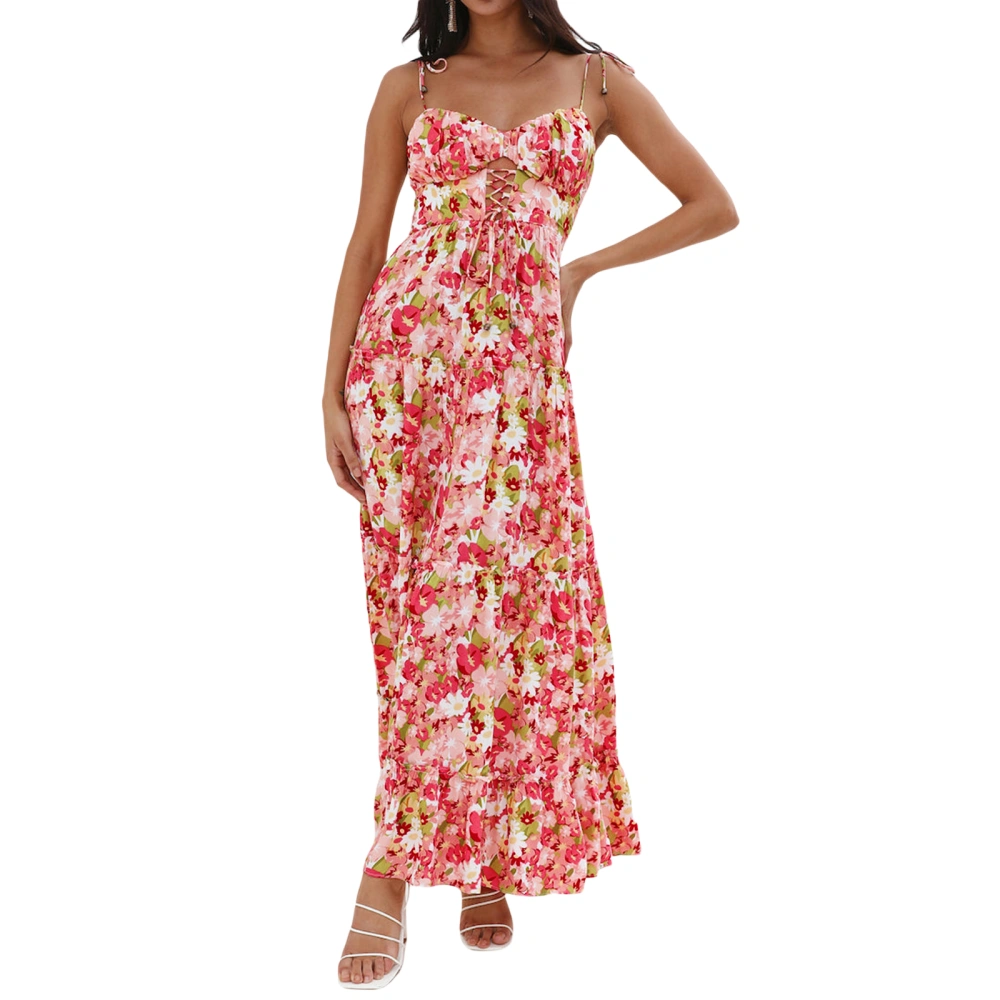 Women Summer Holiday Long Dress Floral Print Tie-Up Cami Dress