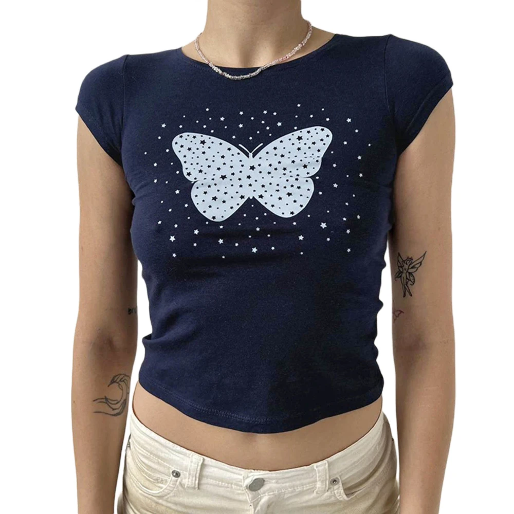 Women Casual T-Shirt, Cap Sleeve Butterfly Dot Streetwear Summer Tee