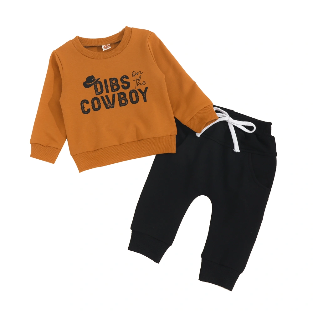 Boys 2Pcs Fall Outfits, Cowboy Hat Print Tops and Pocket Pants Set