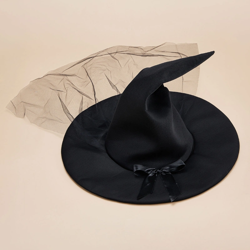 Halloween Witch Hat Costume Bowknot Large Black Ruched Wizard Hat