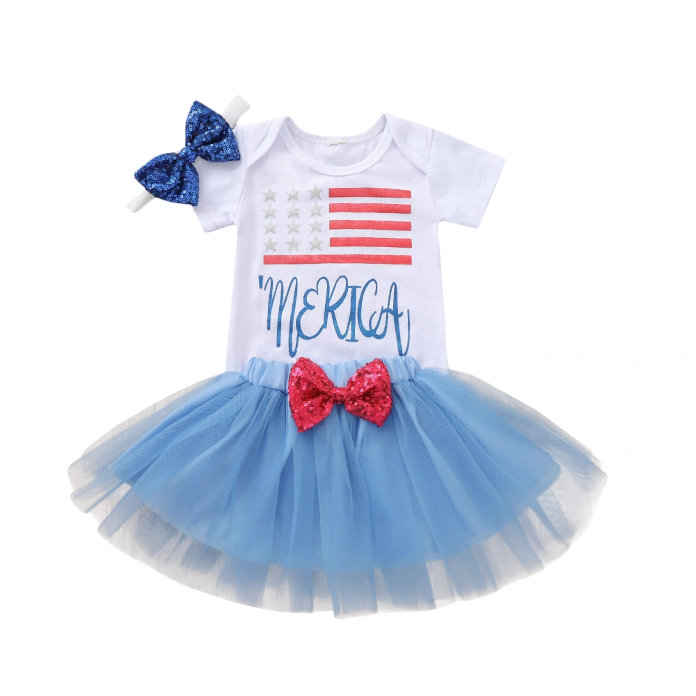 Infant's Three Piece Set, Baby's US Flag Print Romper Skirt Hair Band