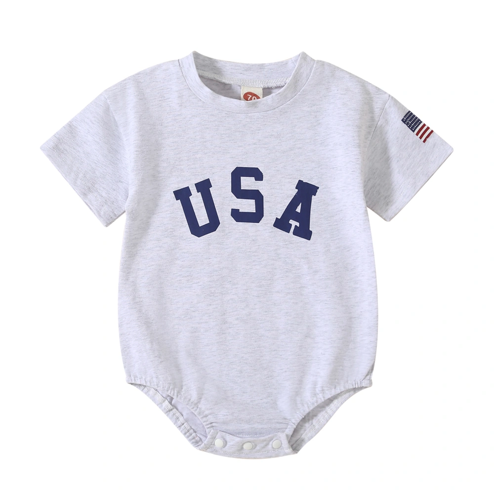 Baby 4th of July Romper, Short Sleeve Round Neck Letter Print Bodysuit